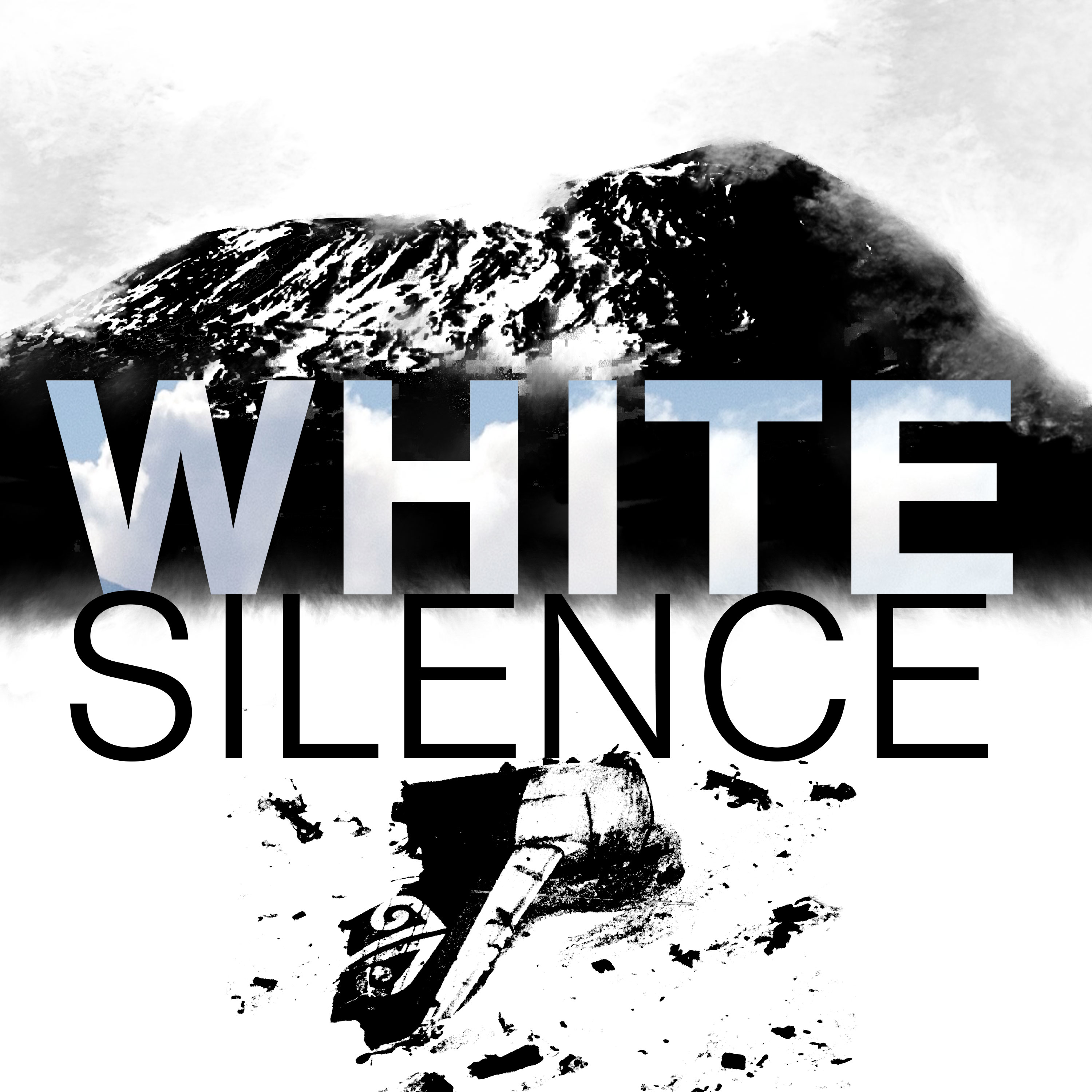 A snowy volcano with the words "White Silence" appear in front of it, with the wreckage of an Air NZ plane wing strewn at the bottom third below the text.