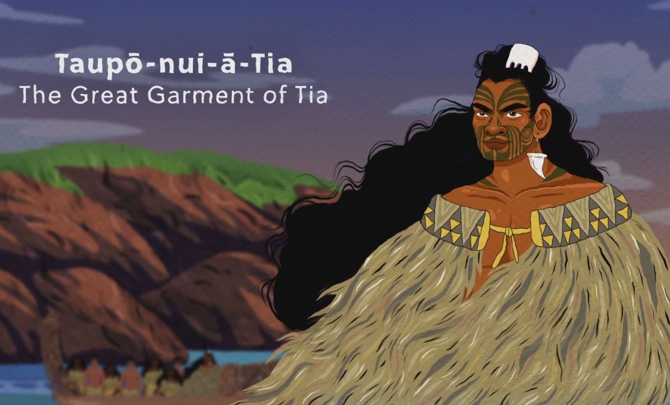 An illustration of the rangatitra Tia, wearing his cloak, against a backdrop of Lake Taupo.