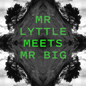 Promotional image for the 'Mr Lyttle Meets Mr Big' podcast. A moody black and white landscape is mirrored vertically and horizontally, creating a rorschach like effect with the name of the podcast in a vibrant green overlaid.