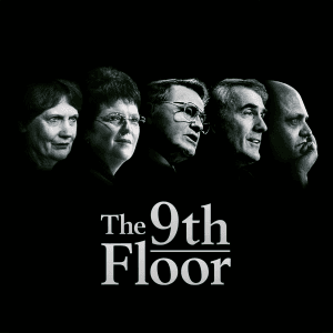 A black background featuring black-and-white portraits of five people in a row. Below the portraits, the text reads 'The 9th Floor' in white, with '9th' underlined.