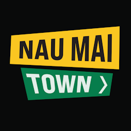 The title of the programme "Nau Mai Town" in the style of iconic New Zealand road signs