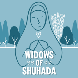 An illustration of a muslim woman with her hands together with a heart above them. In front of her is text reading "Widows of Shuhada".