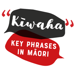 Text in speech bubbles reads "Kīwaha Key Phrases in Māori".