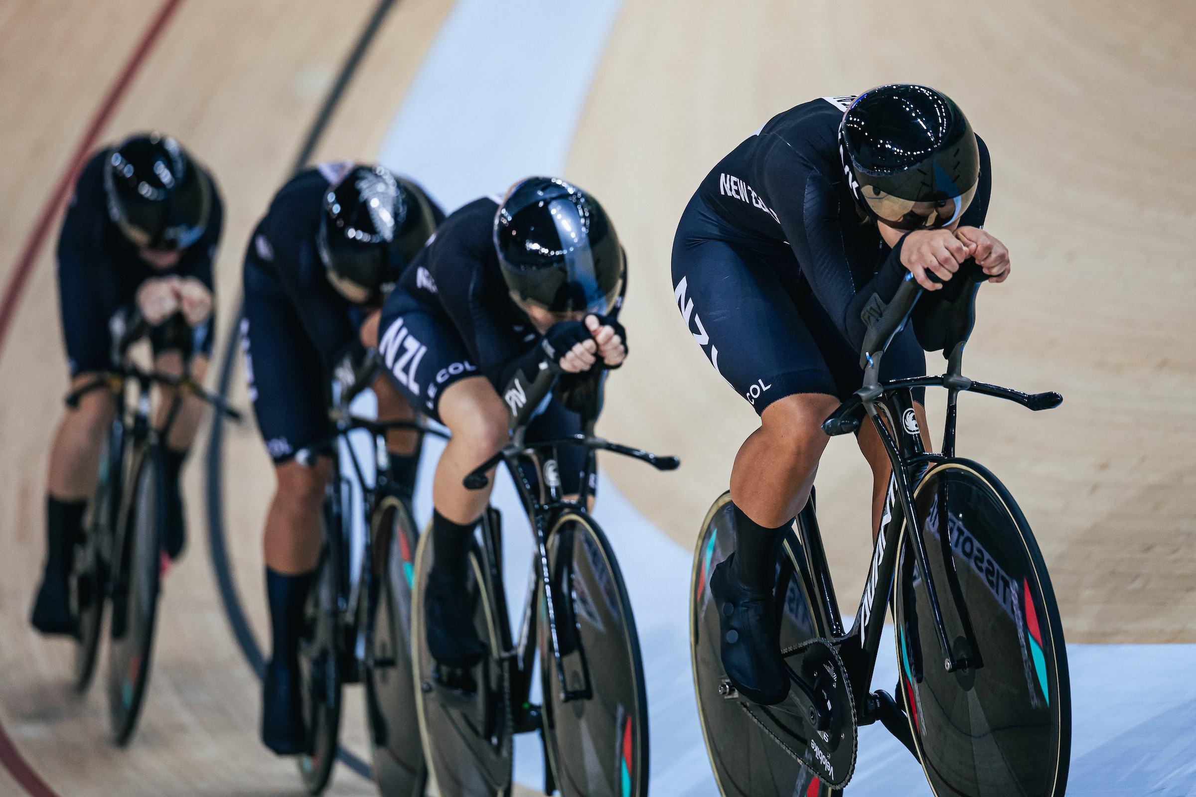 New Zealand’s Bryony Botha, Emily Shearman, Samantha Donnelly, Nicole ShieldsP contest the women's team pursuit qualifying at the Nations Cup track cycling meet in Hong Kong.