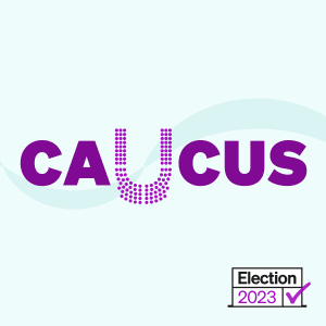 A logo reads Caucus, with the see composed of a diagram of the seats in parliament. In one corner is a logo which reads "Election 2023".