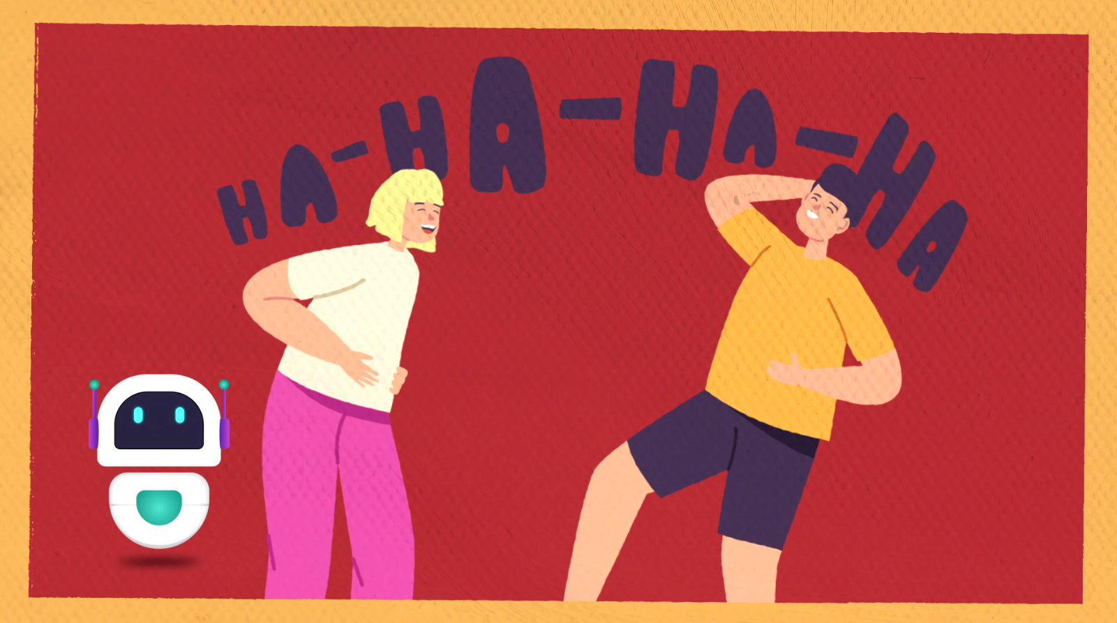 A cartoon of two people laughing with the words "a-ha-ha-ha" behind them.