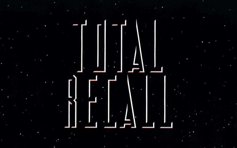 The words Total Recall on a night sky background from publicity for the 1990 movie