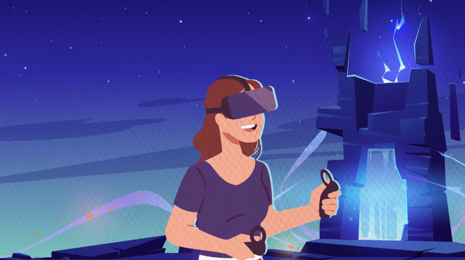 An illustration of a smiling woman using virtual reality technology.