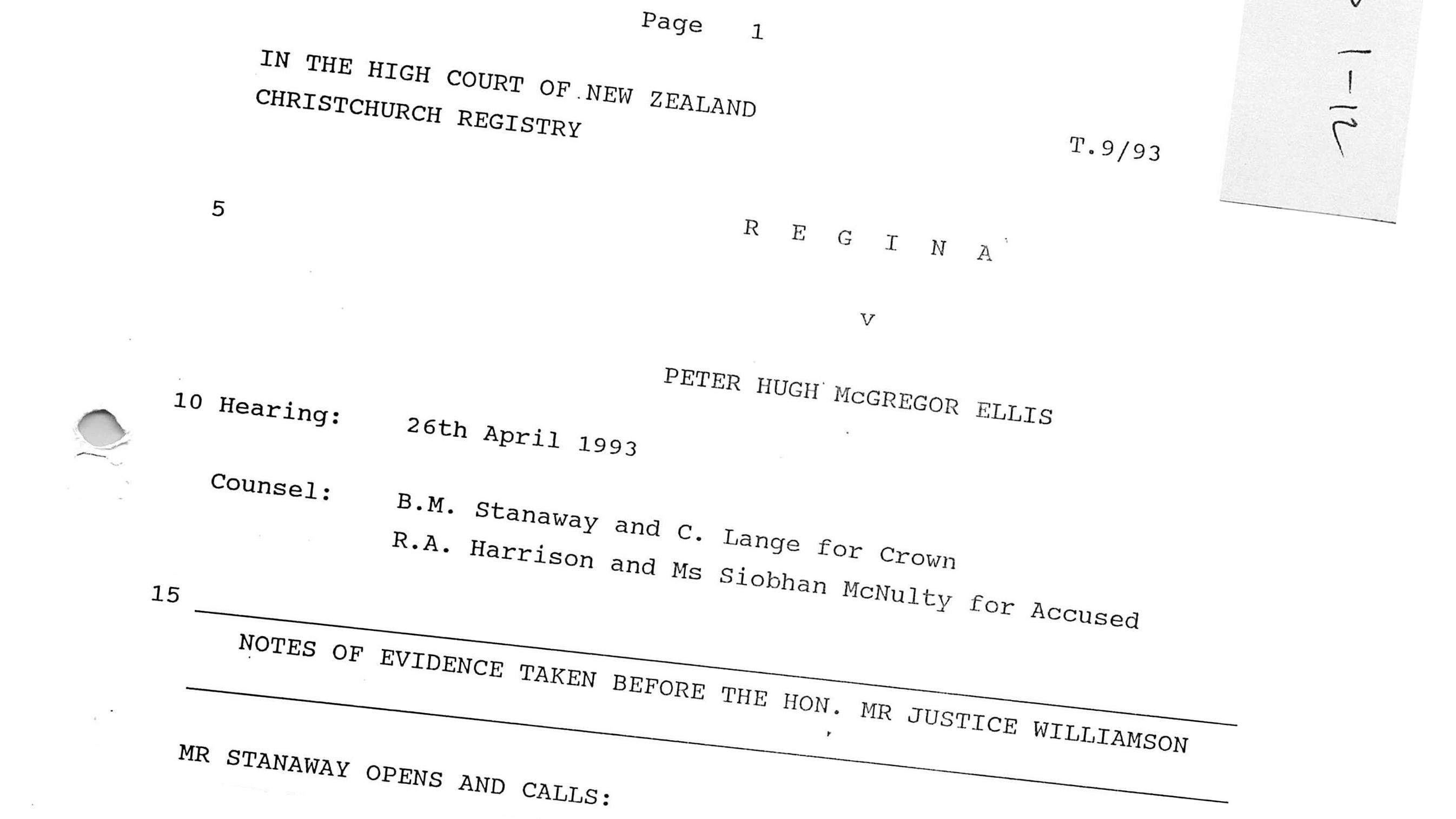 The top sheet of court documents for the High Court trial of Peter Ellis