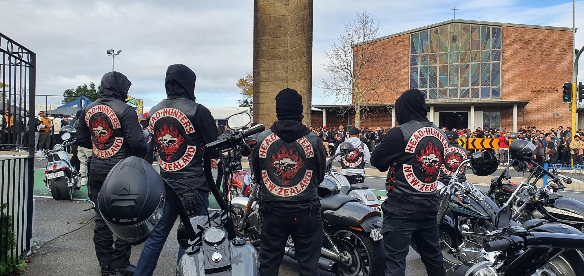 Back of head hunters gang members showing the patch