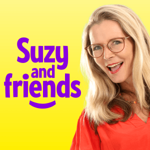 A cheerful woman (Suzy Cato) smiles at the viewer wearing glasses and an orange top. Text reads "Suzy and friends" and has a smile shape underneath.