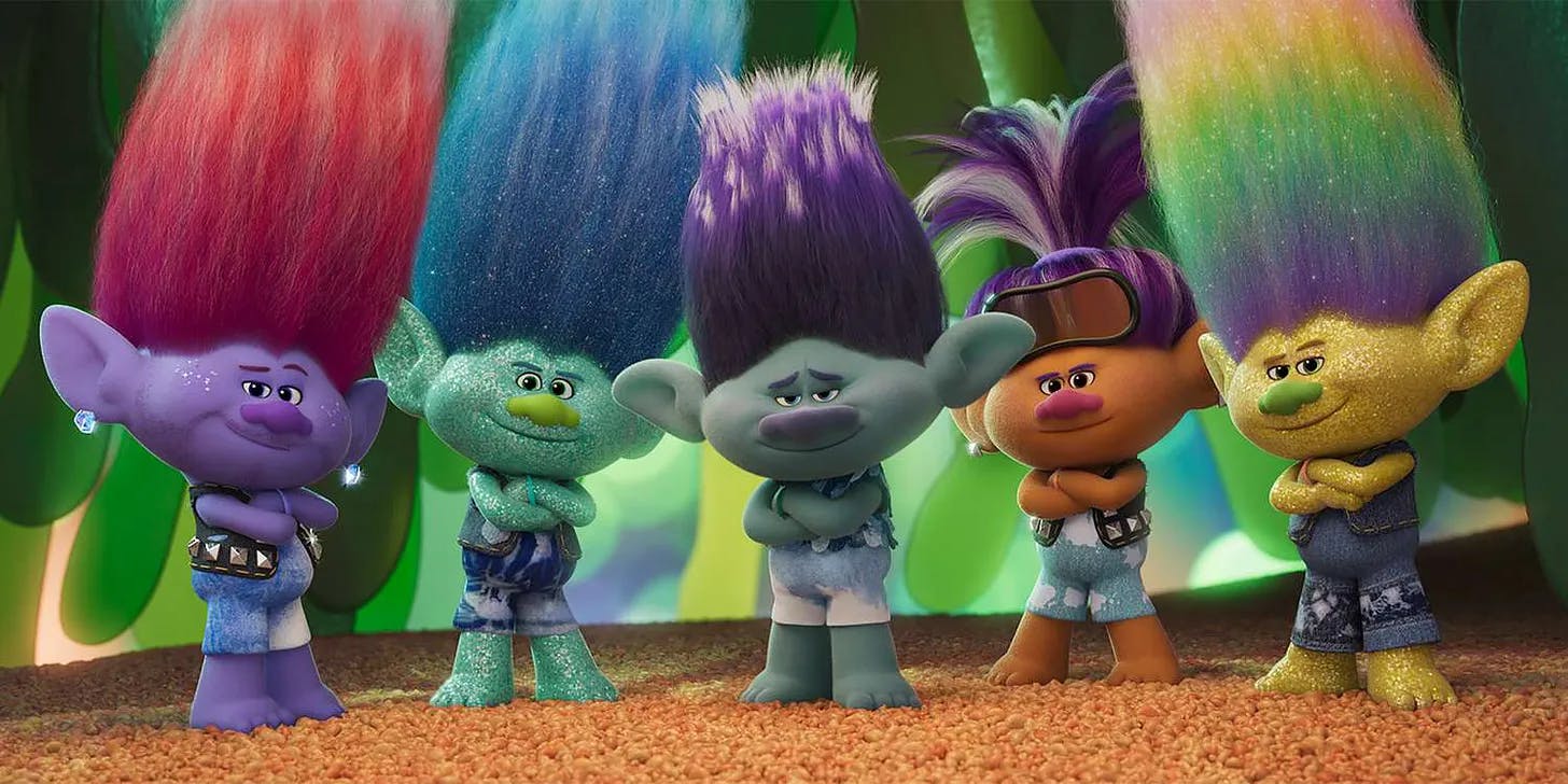 Promo image for the animated film Trolls Band Together